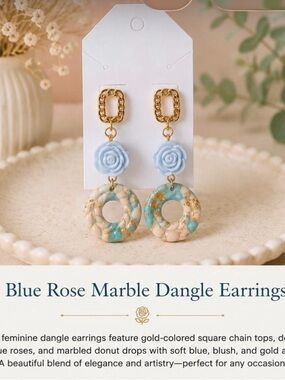 Gold Chain Blue Rose Marble Donut Dangle Earrings